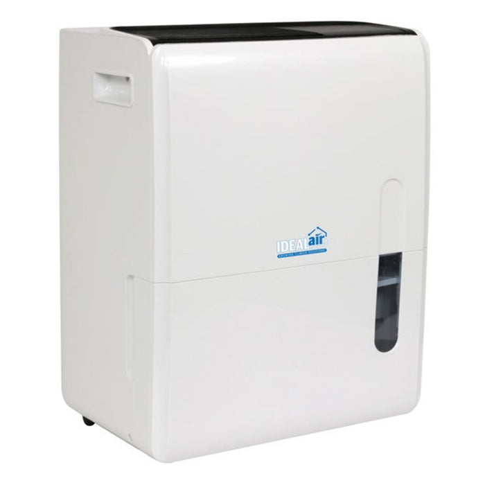 White Ideal Air de-humidifier with black top and water level indicator.