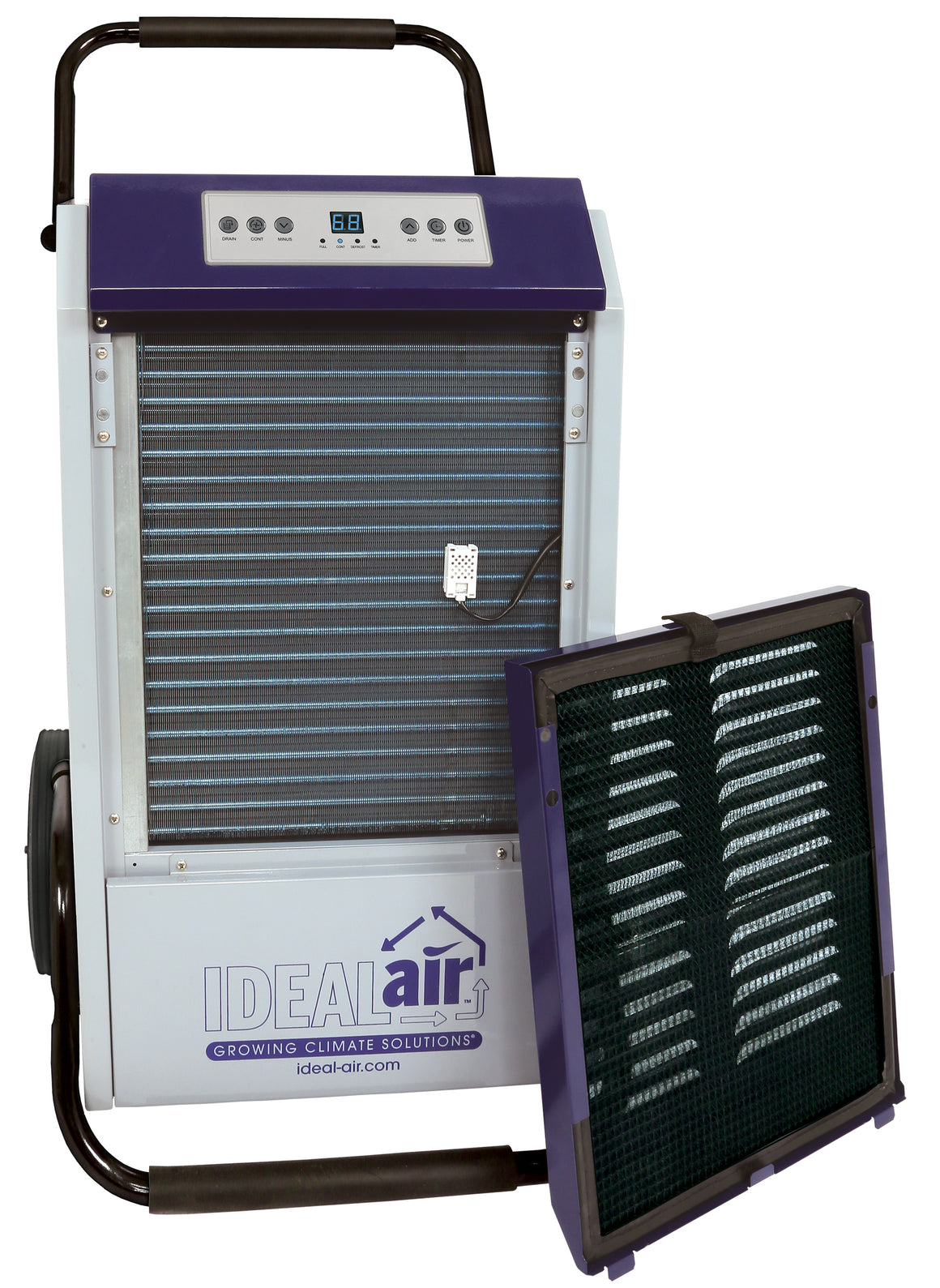 Ideal Air Pro Series dehumidifier with filter removed. Purple and white unit with digital display, handle, and vent.