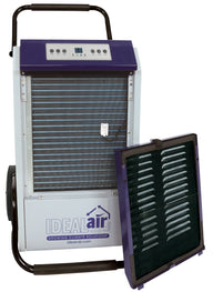 Ideal Air Pro Series dehumidifier with filter removed. Purple and white unit with digital display, handle, and vent.