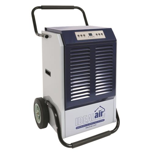 Ideal Air Pro Series dehumidifier on wheels with a dark blue front grill and controls.