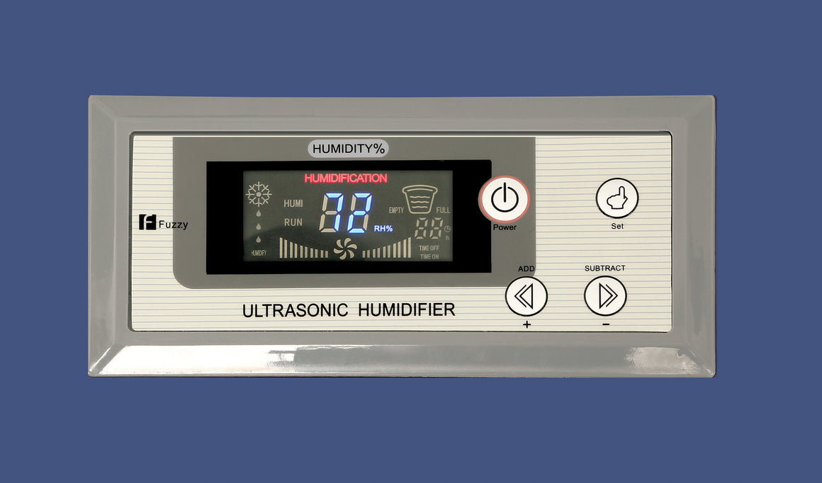 Humidifier control panel with digital display, buttons for power, set, add, and subtract.