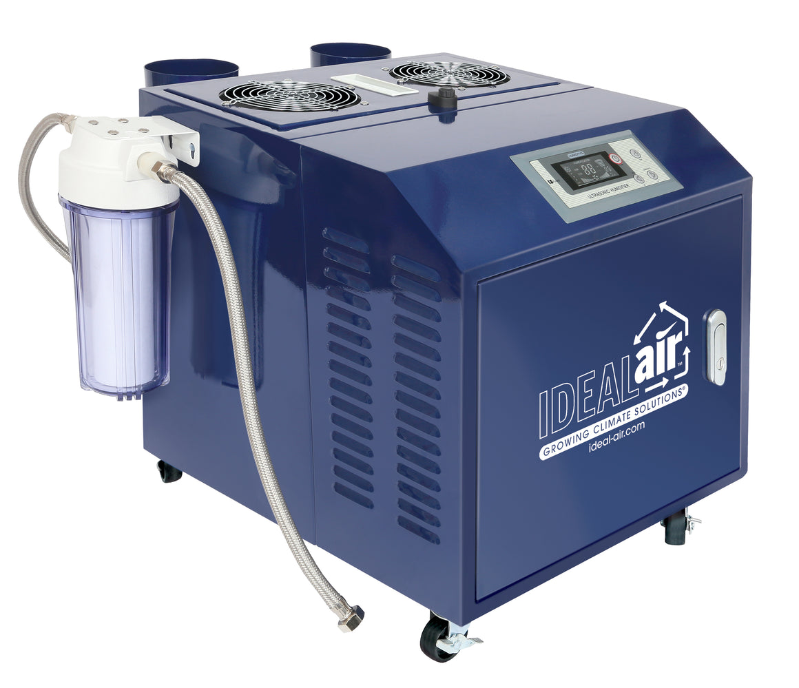 Ideal Air ultrasonic humidifier with digital display, water filter, and fans on white background.