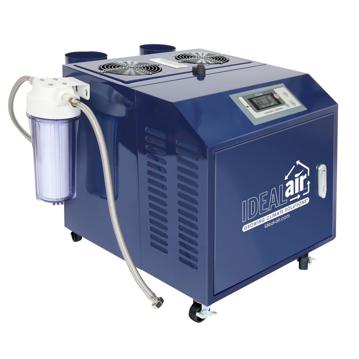 Ideal Air ultrasonic humidifier with digital display, water filter, and fans on white background.