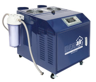 Ideal Air ultrasonic humidifier with digital display, water filter, and fans on white background.