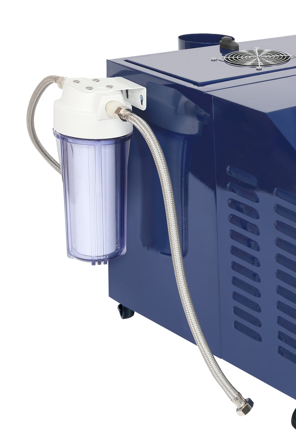 IdealAir UltraSonic Humidifier with external water filter attached to the blue main unit.