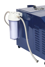 IdealAir UltraSonic Humidifier with external water filter attached to the blue main unit.