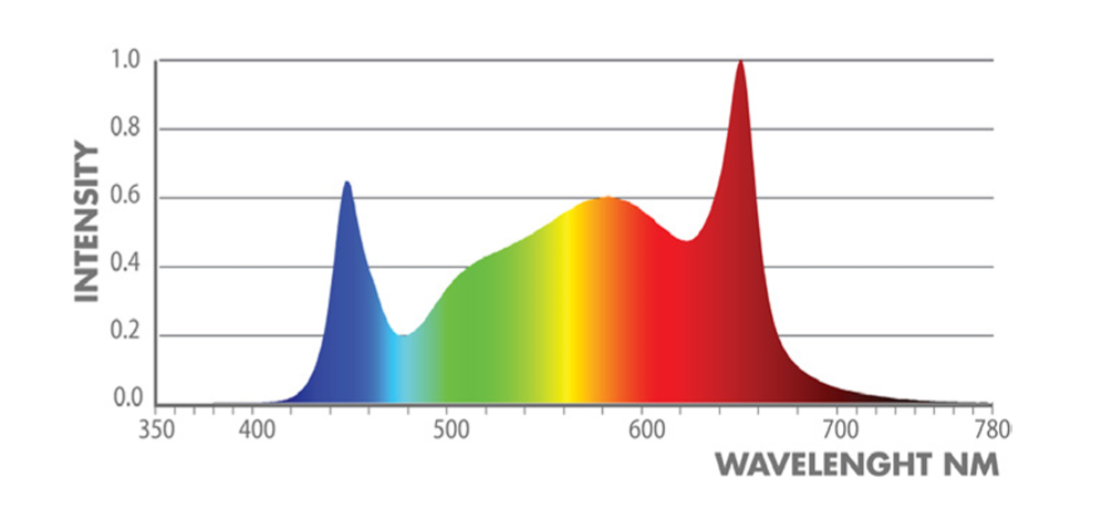 LED grow light spectrum: high intensity blue peaks at ~450nm, broad green-yellow-orange spectrum, and a sharp red peak at ~660nm.