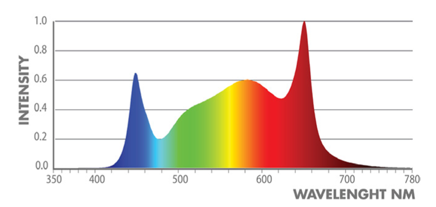 LED grow light spectrum: peaks in blue & red wavelengths, with broad green, yellow, and orange output.