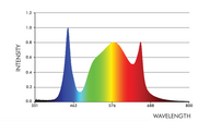 Iluminar iLogic FS-PLUS 340W grow light spectrum graph: Intensity vs. Wavelength, showing peaks in blue and red light.