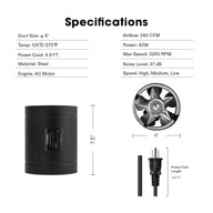 Inline Booster Duct Fan 6 240CFM Black Specifications