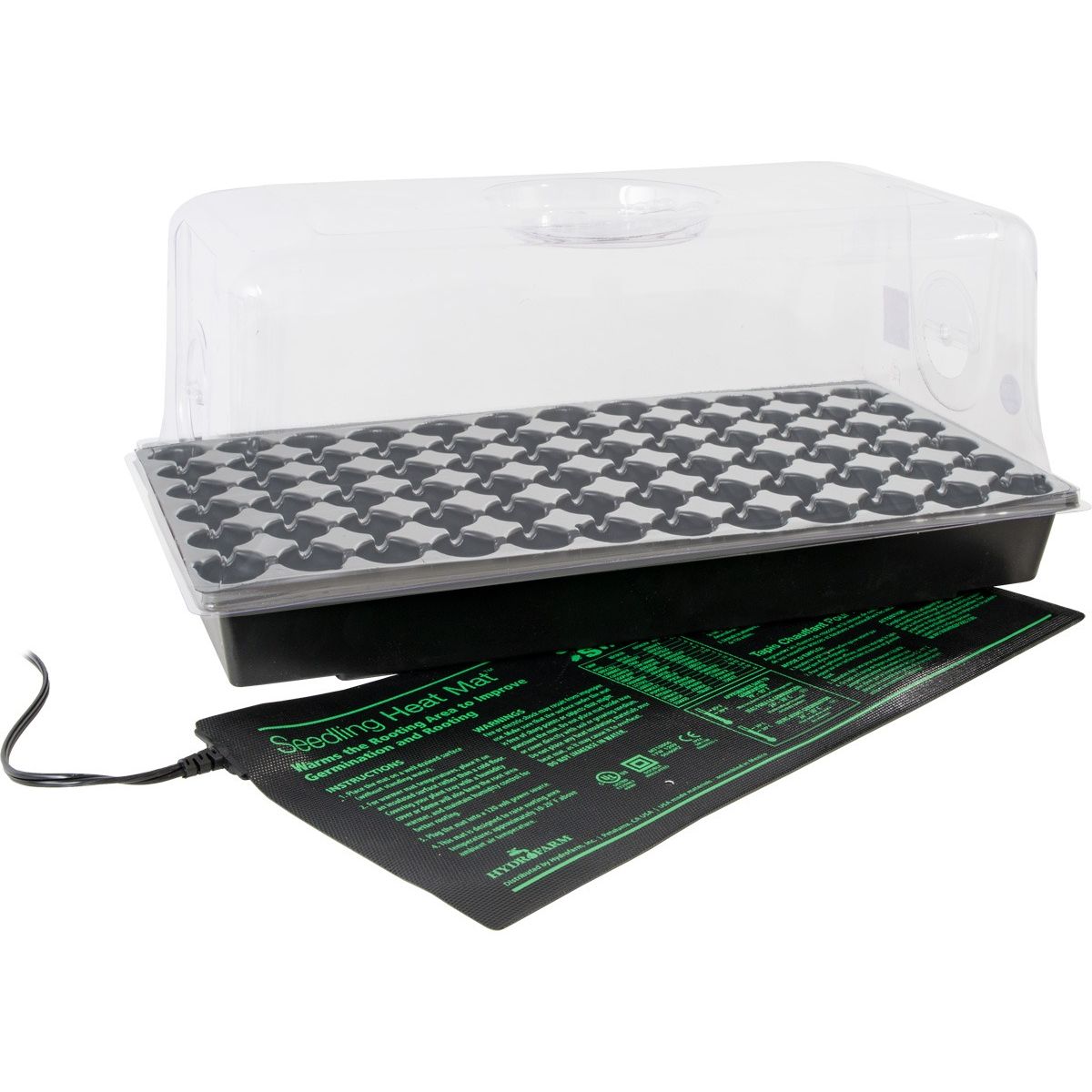 Seedling heat mat with a black tray, 72-cell insert, and clear dome for plant germination.
