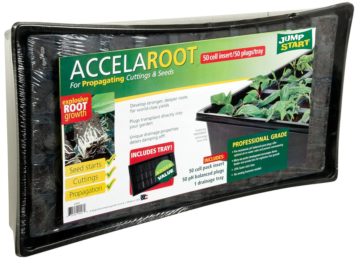 Jump Start AccelaROOT 50-cell propagation tray with starter plugs and drainage tray.