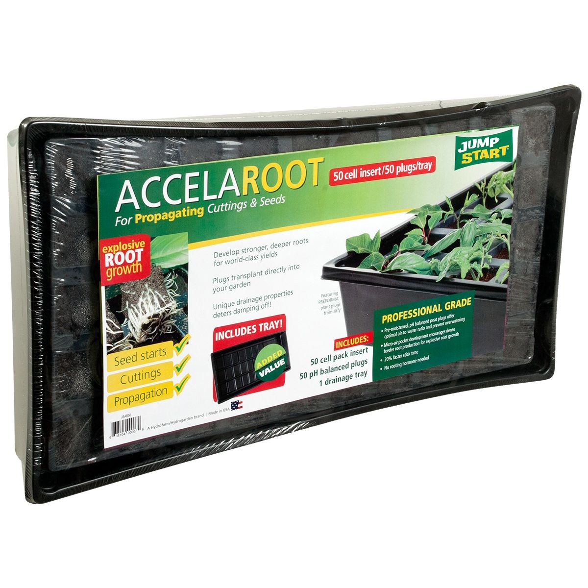Jump Start AccelaROOT 50-cell propagation tray with starter plugs and drainage tray.