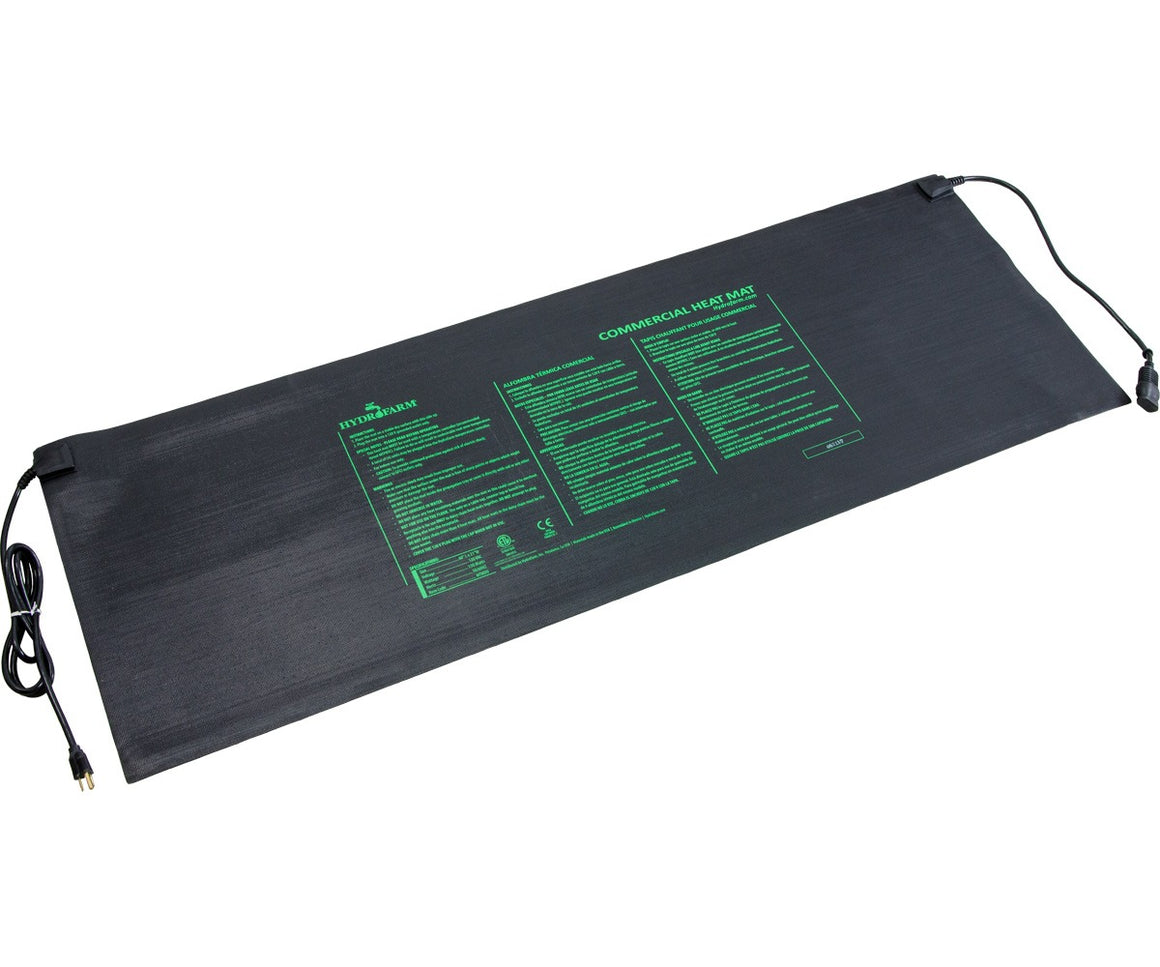 Black Hydrofarm commercial heat mat, 60x21, 140W, with green text and cords.