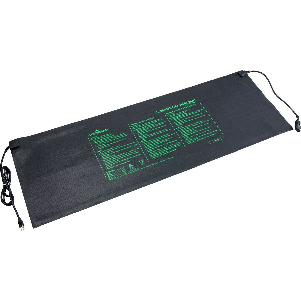 Black Hydrofarm commercial heat mat, 60x21, 140W, with green text and cords.