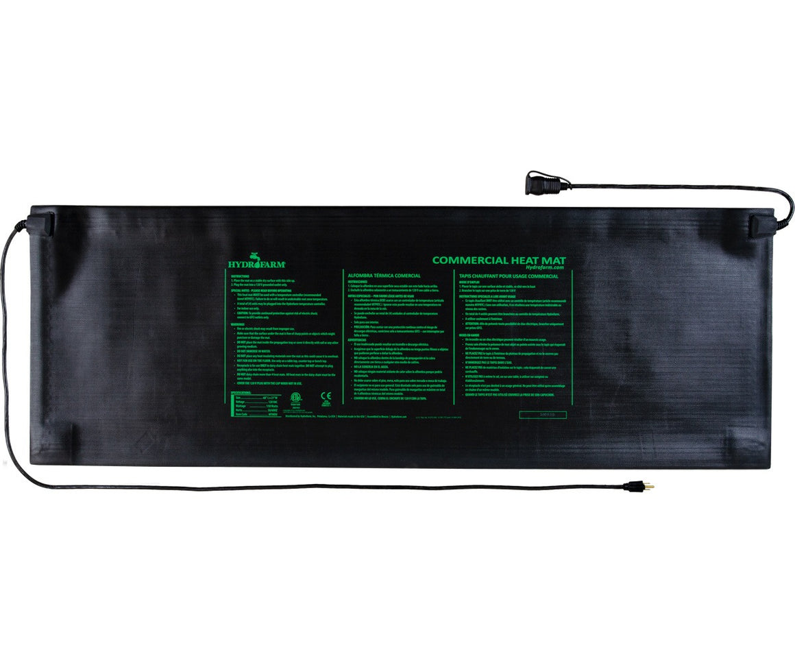 Black HydroFarm commercial heat mat for seedlings, 60x21 inch, 140W.