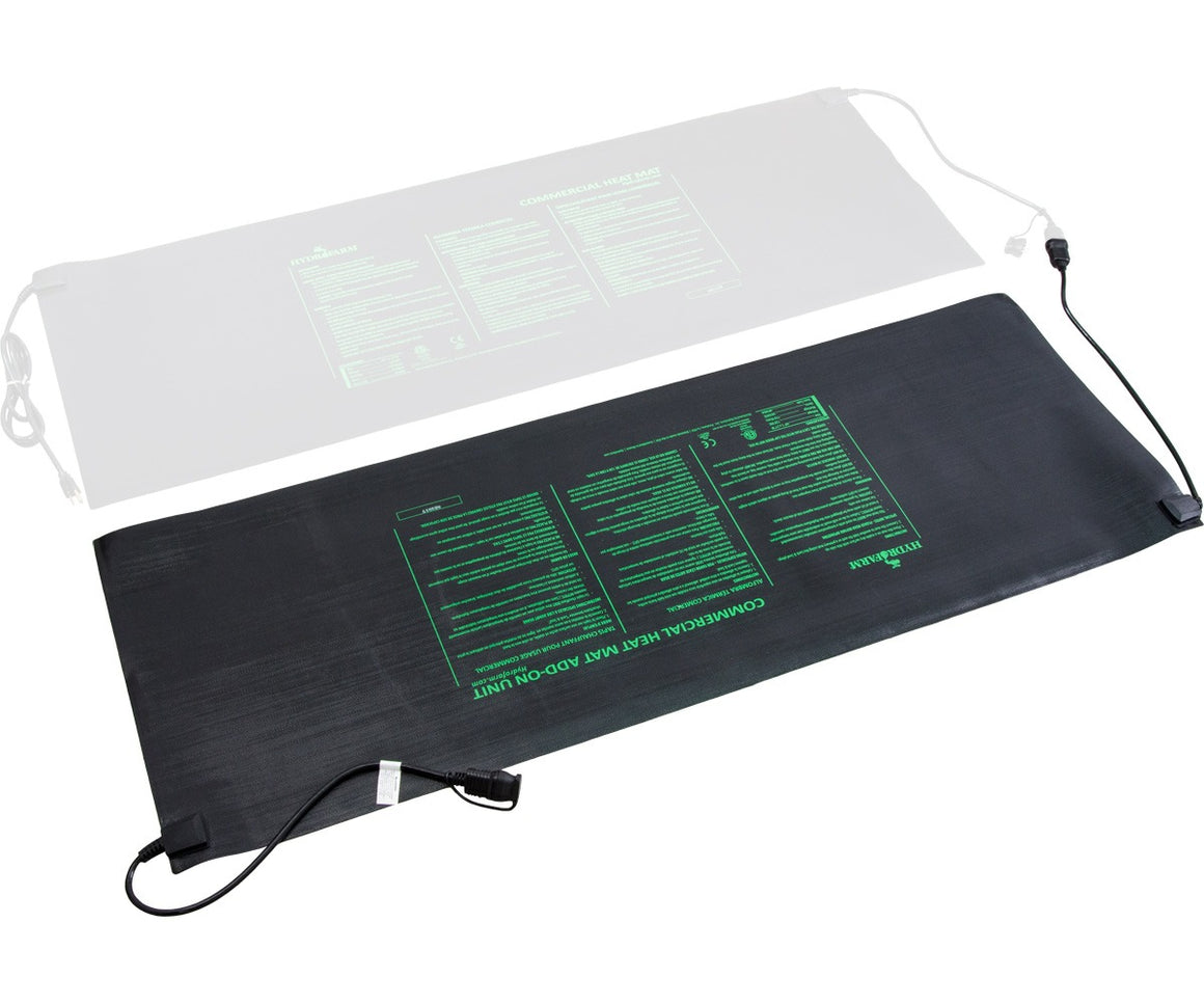 Black Hydrofarm commercial seedling heat mat with green text, a power cord, and a faded mat behind it.