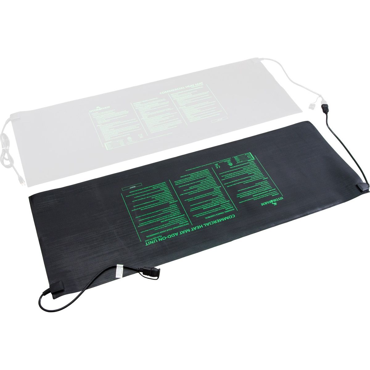 Black Hydrofarm commercial seedling heat mat with green text, a power cord, and a faded mat behind it.