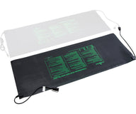 Black Hydrofarm commercial seedling heat mat with green text, a power cord, and a faded mat behind it.