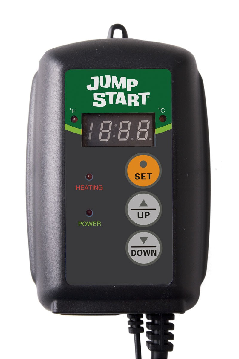 Jump Start digital temperature controller for heat mats, showing 18.8°F display with Set, Up, and Down buttons.