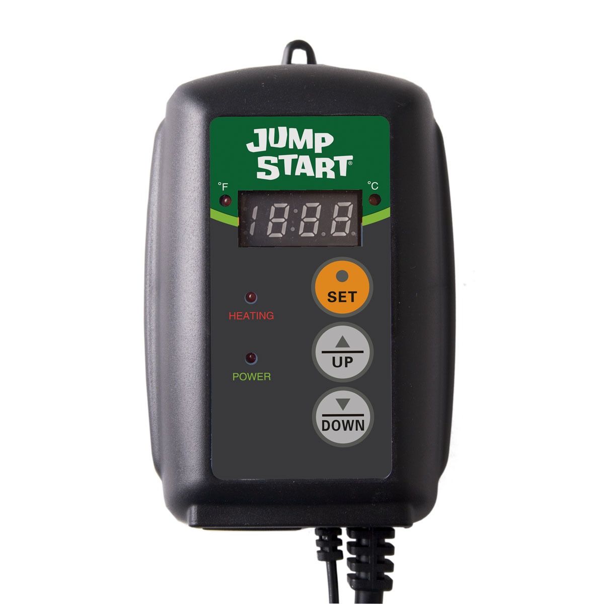Jump Start digital temperature controller for heat mats, showing 18.8°F display with Set, Up, and Down buttons.