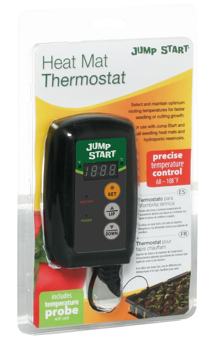 Jump Start Heat Mat Thermostat with digital display, UP/DOWN buttons, and temperature probe.