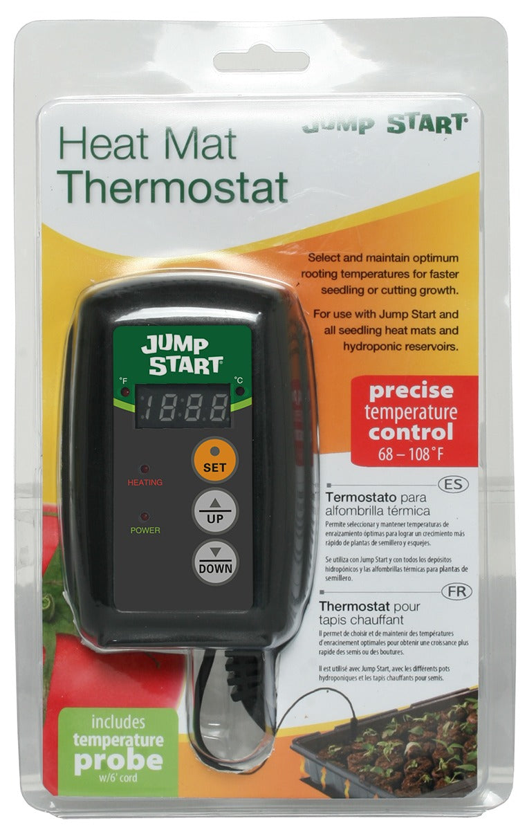 Jump Start Digital Temperature Controller for heat mats, with display, buttons, and probe.