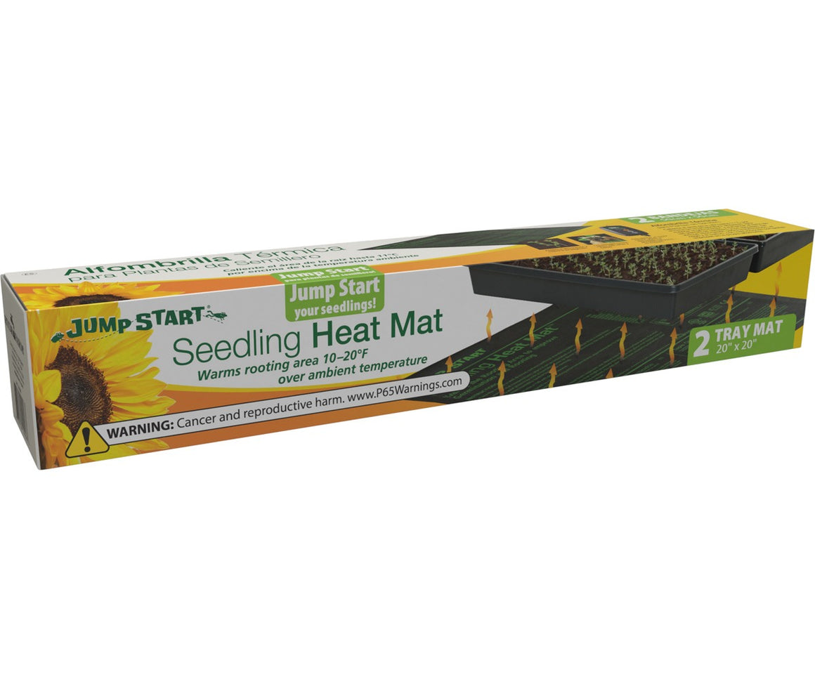 Jump Start seedling heat mat box with sunflower, tray of seedlings, and warning label.