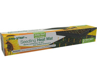 Jump Start seedling heat mat box with sunflower, tray of seedlings, and warning label.