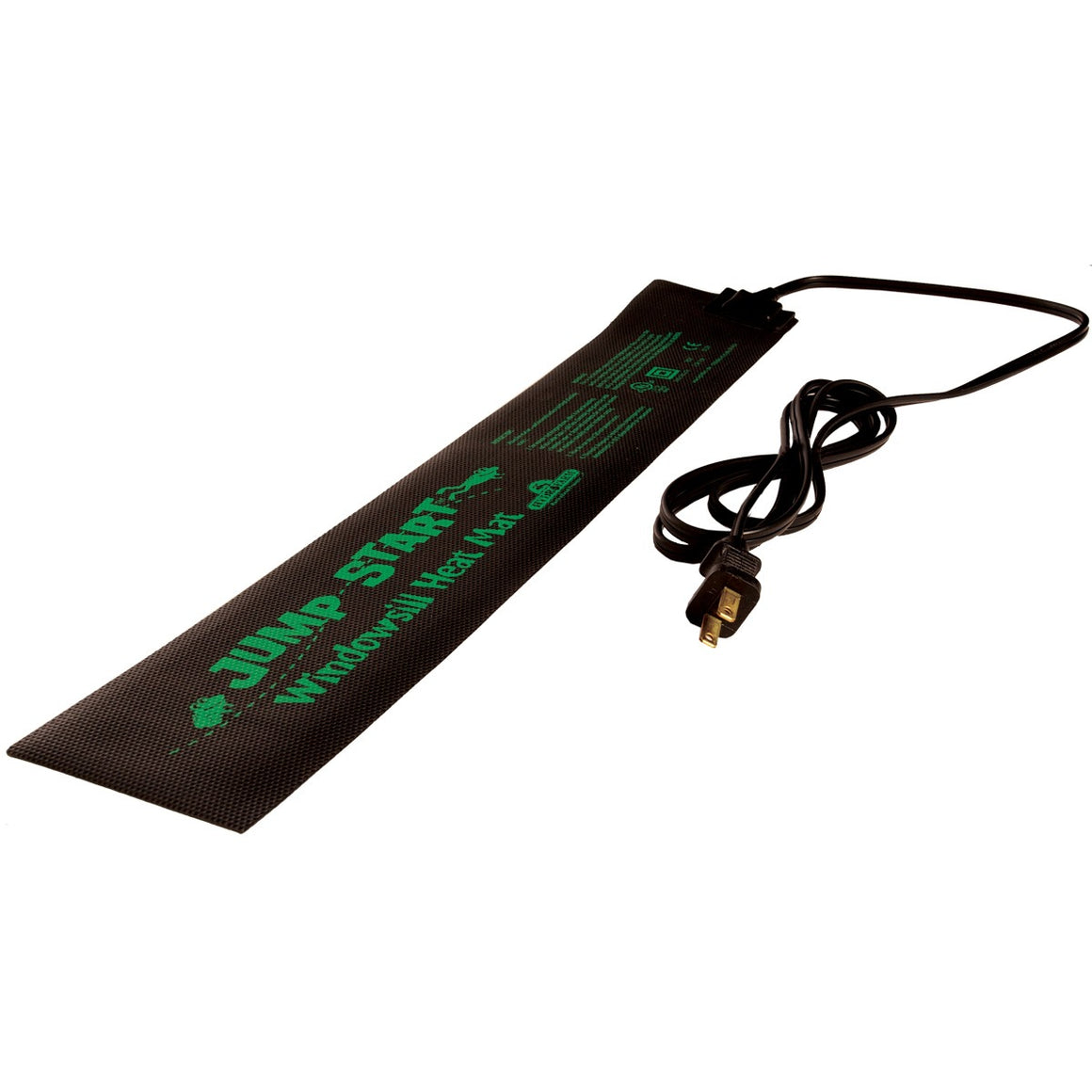Green text "JUMP START Windowsill Heat Mat" on black seedling heat mat with plug.