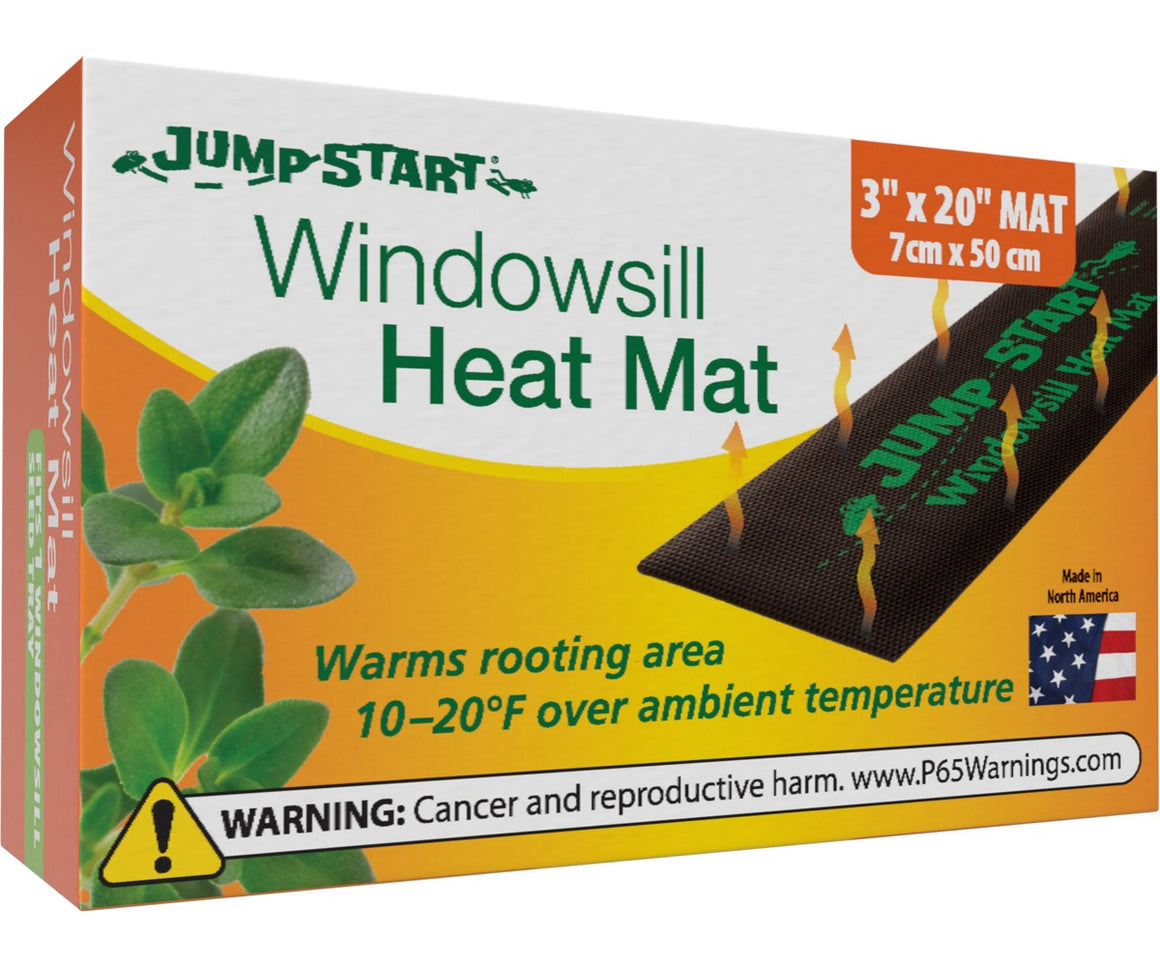Jump Start 3"x20" windowsill seedling heat mat warms rooting area.