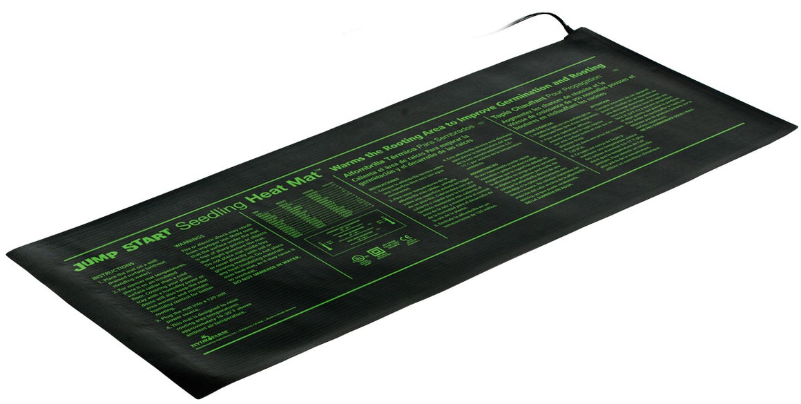 Black Jump Start Seedling Heat Mat with green text, 48x20 inches, 107W.