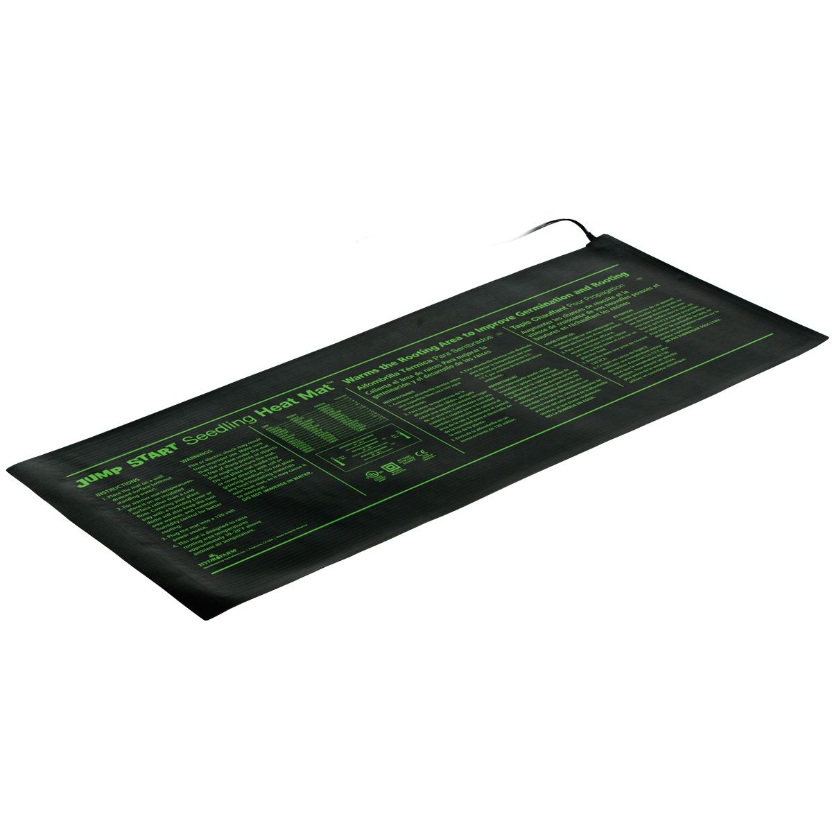 Black Jump Start Seedling Heat Mat with green text, 48x20 inches, 107W.