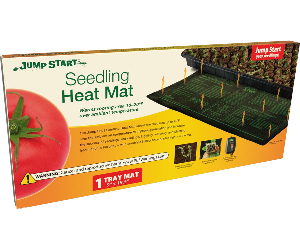 Jump Start Seedling Heat Mat box with tomato, plant trays, and graphic of heat mat.