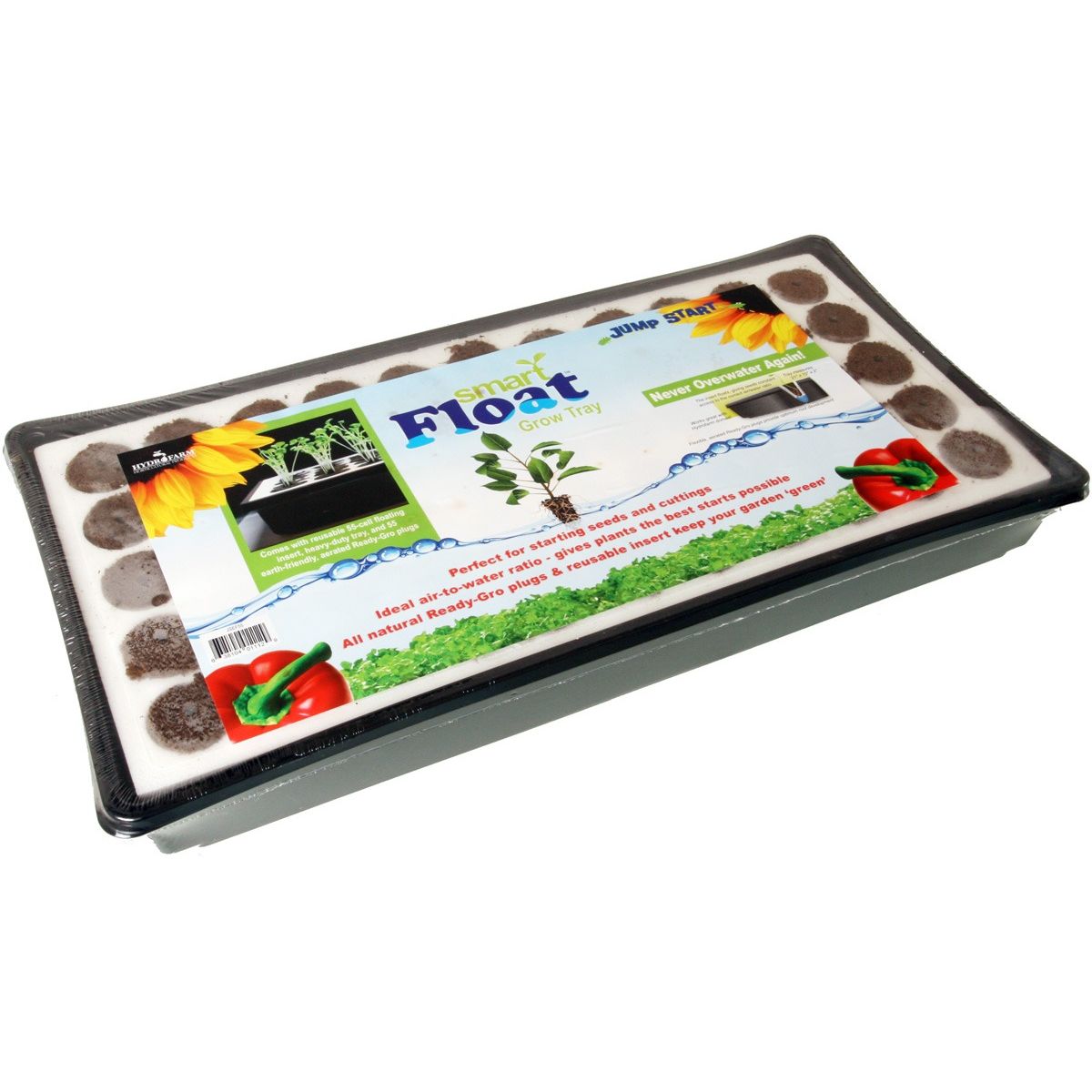 Jump Start Smart Float 55-cell grow tray with reusable seed plugs, perfect for starting seeds and cuttings.