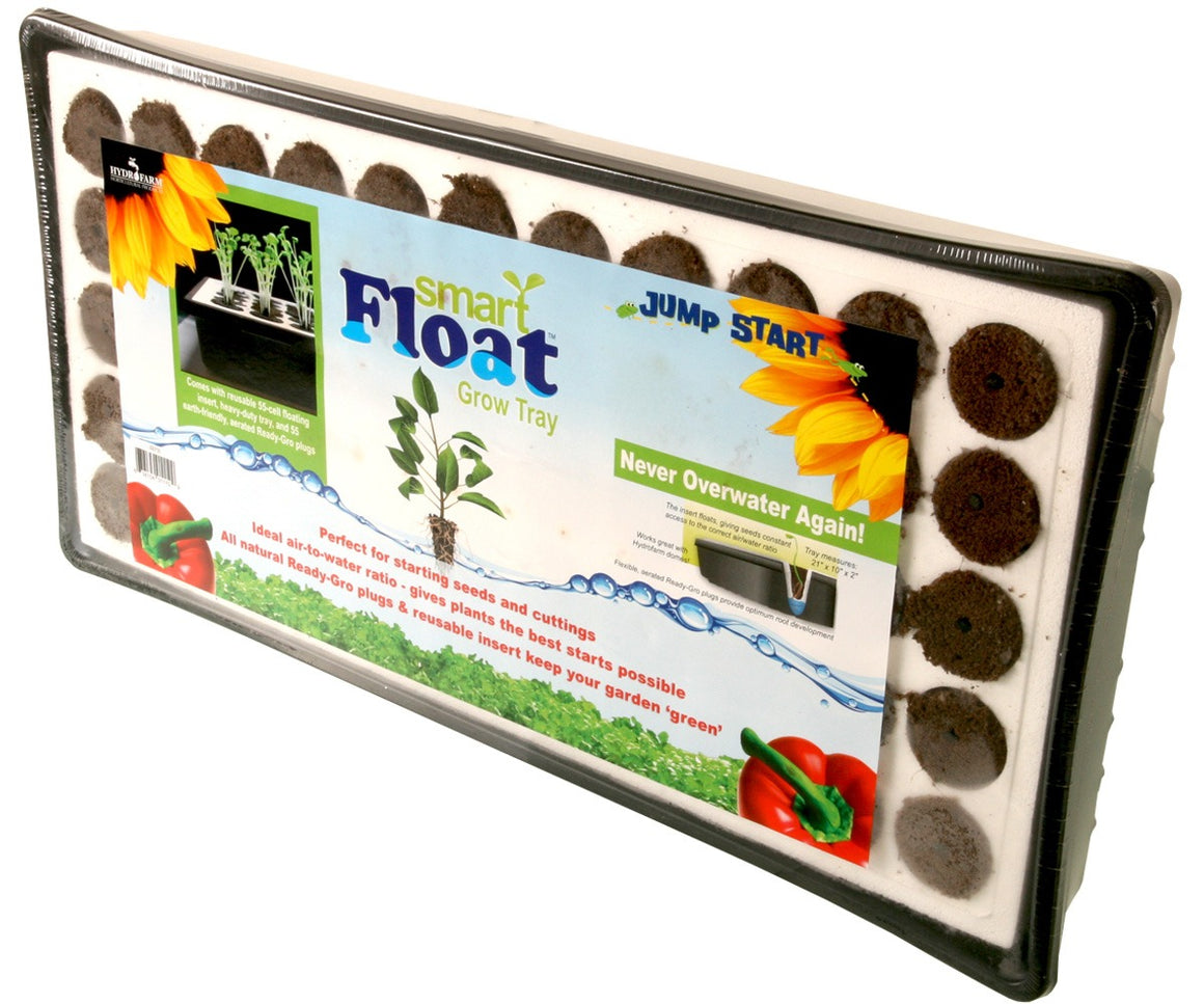 Jump Start Smart Float 55-cell grow tray with soil plugs. Perfect for seeds and cuttings.