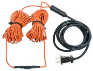 Orange soil heating cable with black power cord and plug.