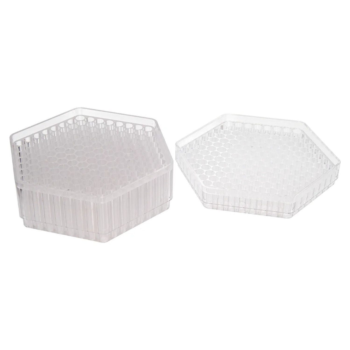 Clear hexagonal plastic honeycomb trays, one full, one empty, on white background.