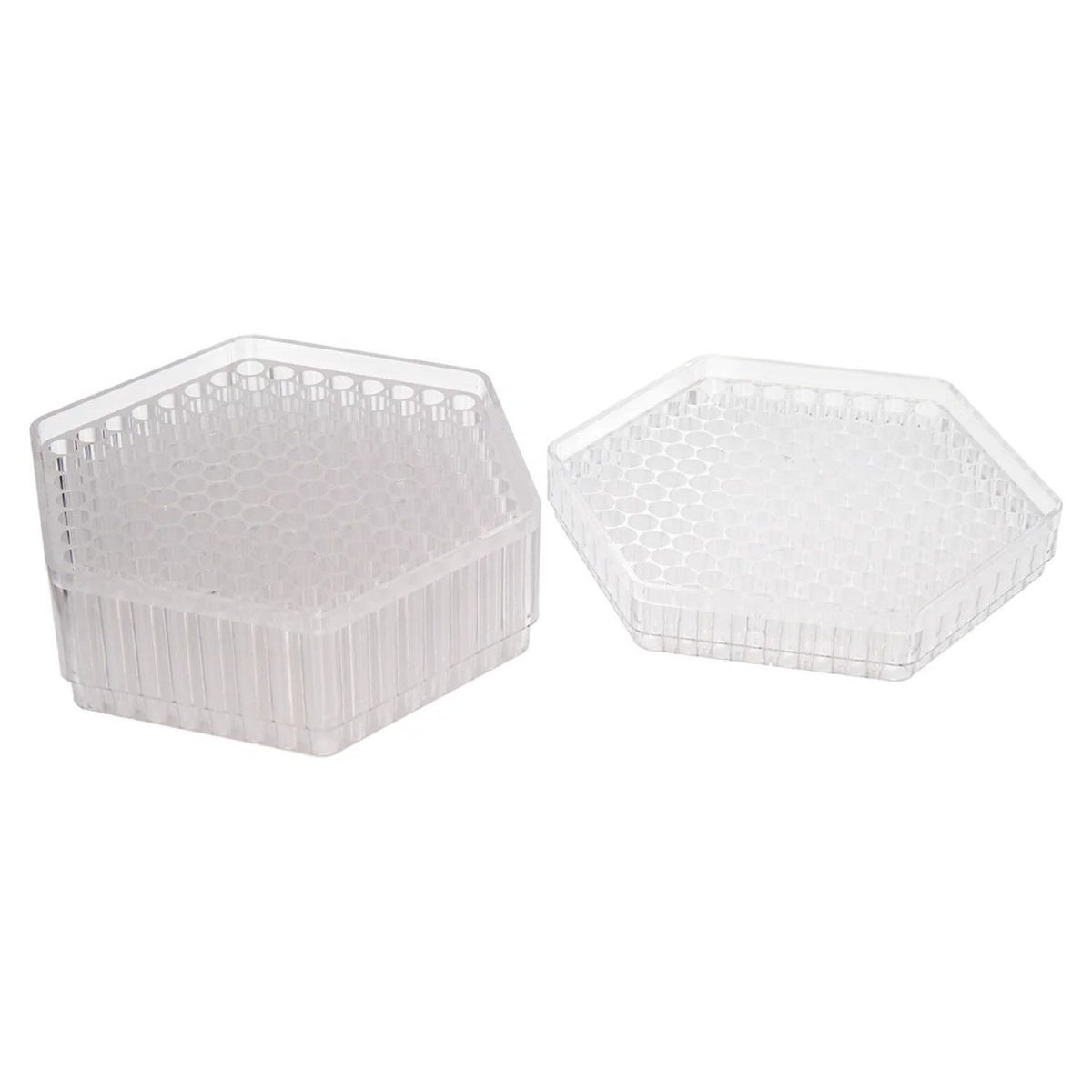 Clear hexagonal plastic honeycomb trays, one full, one empty, on white background.