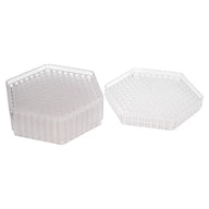 Clear hexagonal plastic honeycomb trays, one full, one empty, on white background.