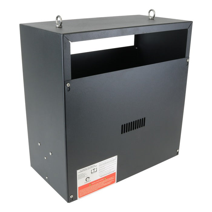 Black metal CO2 generator with top hanging rings and ventilation slots.