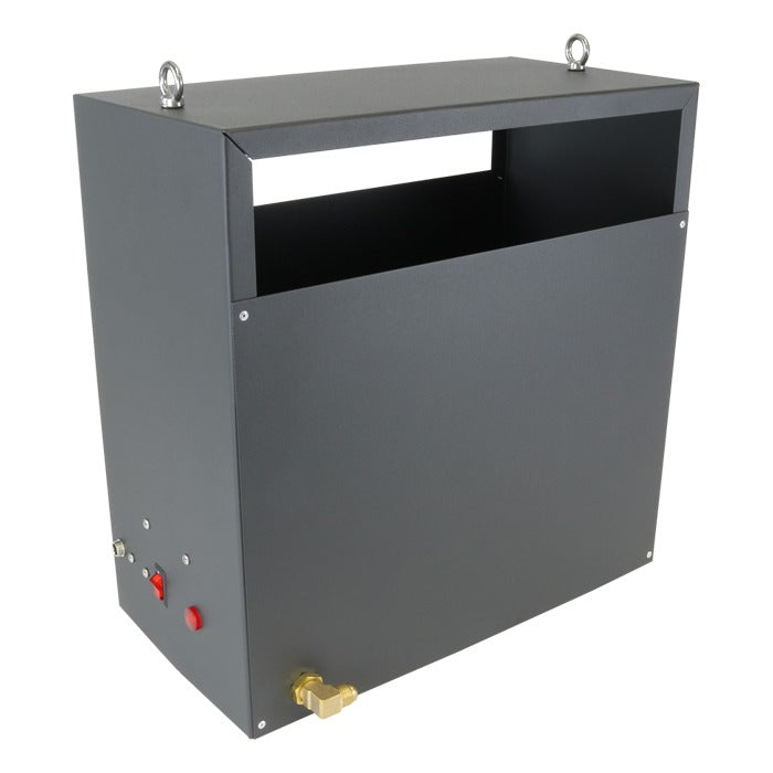 Dark gray CO2 generator with open top, switches, and brass valve.