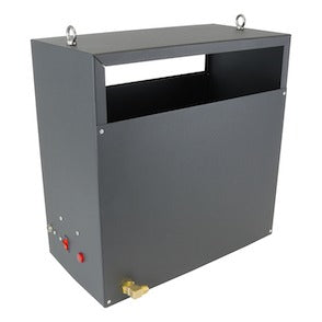 A dark gray CO2 generator with red switches and a brass valve, featuring eye hooks for hanging.