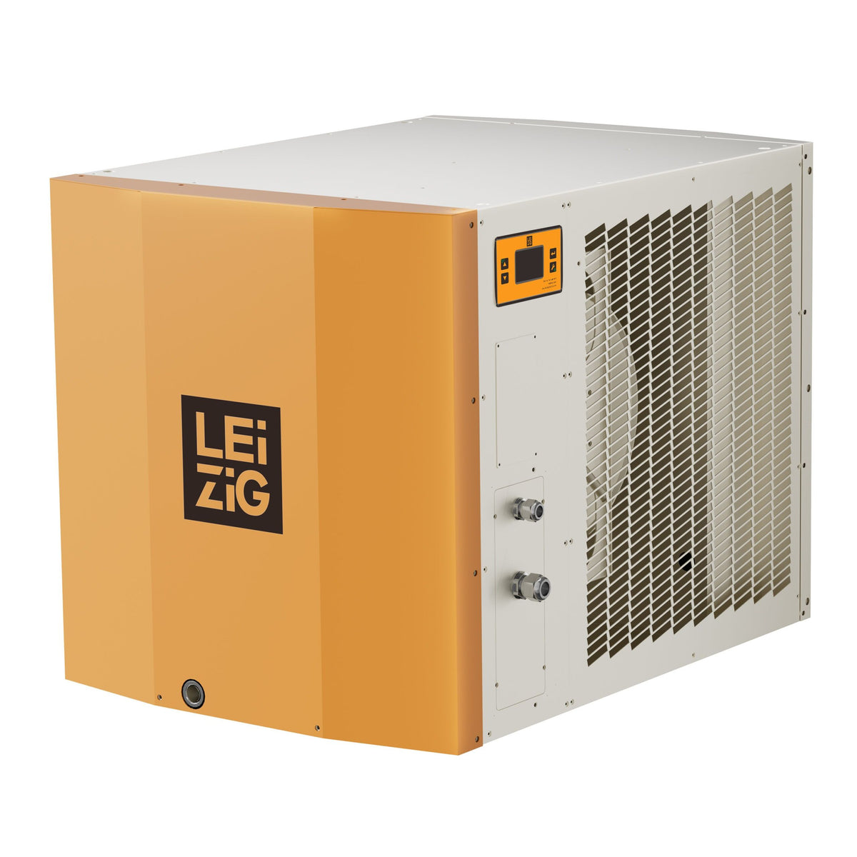 LeiZig L195 dehumidifier with orange front panel and grey casing with ventilation grills.