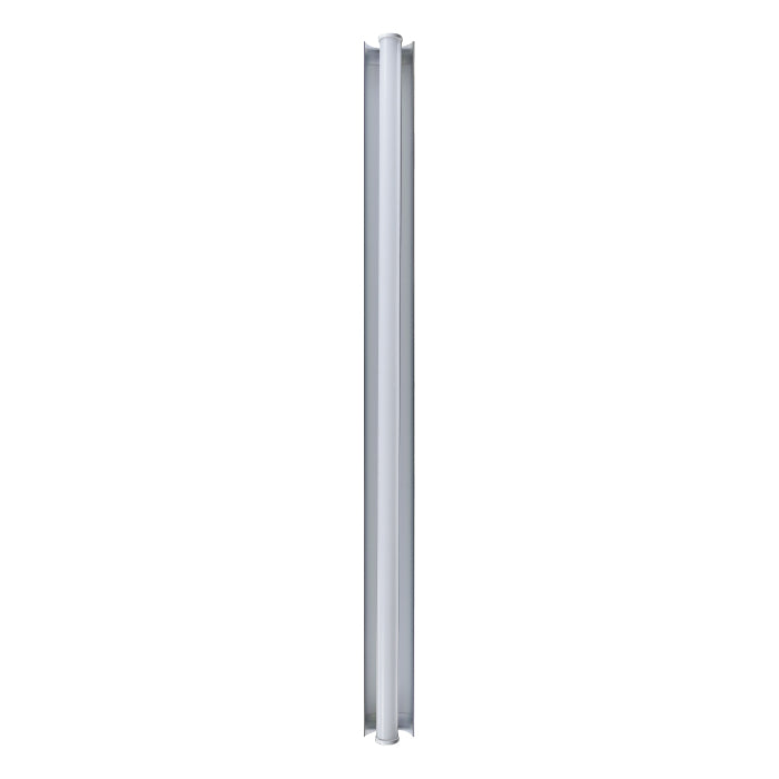 Thin, long LED light fixture with a silver housing.