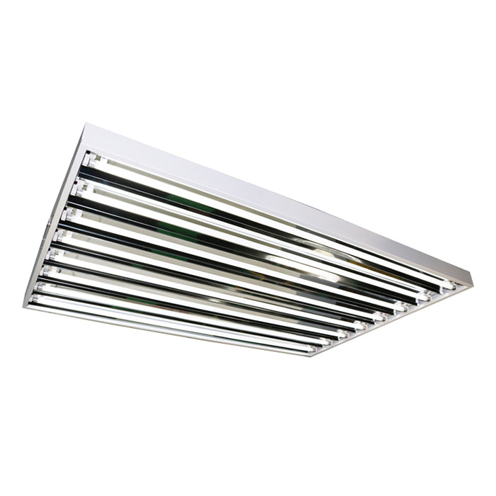 Lightech T5 4x8 grow light fixture with 120V, featuring multiple bright fluorescent bulbs in a white frame.