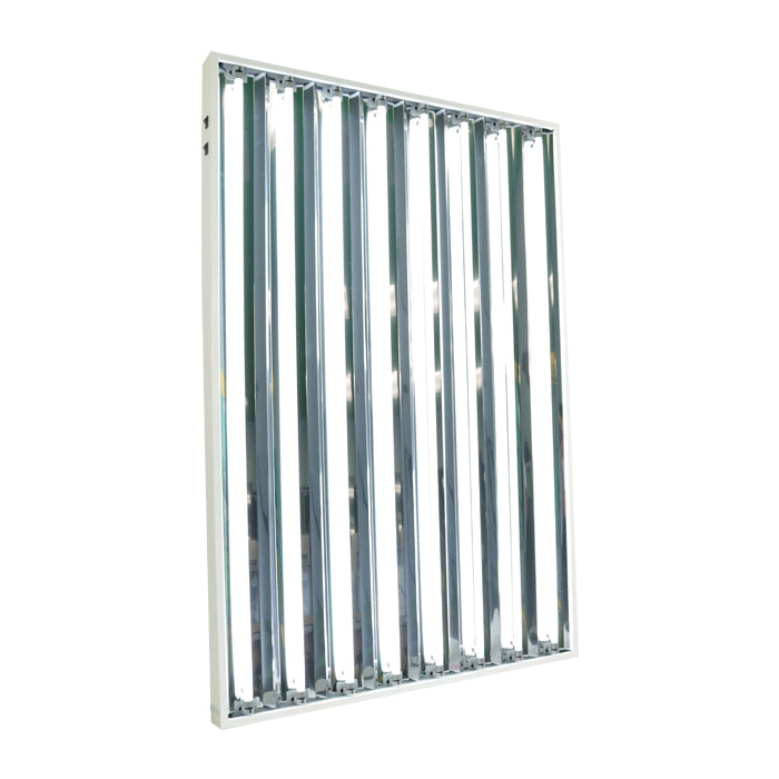 Lightech T5 4x8 grow light fixture with 8 long, thin bulbs in a white frame.