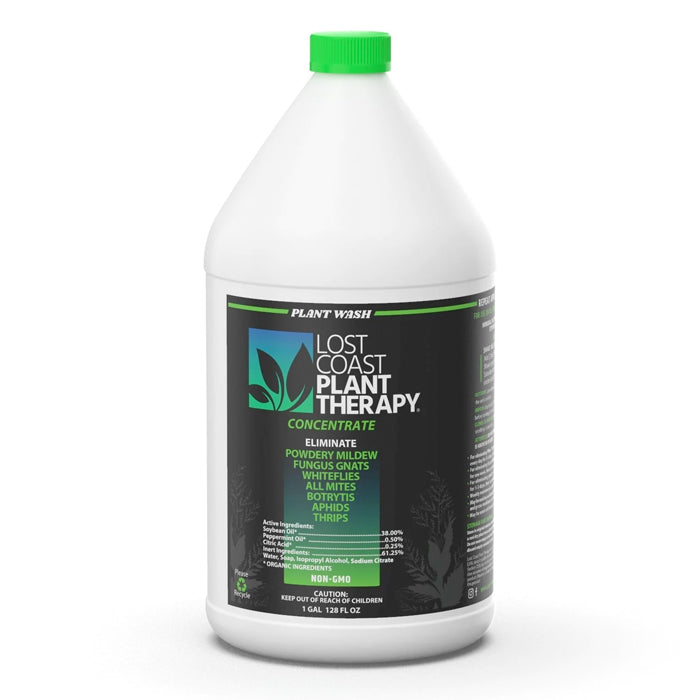 Lost Coast Plant Therapy 1-gallon concentrate bottle, green cap, for eliminating pests and mildew.