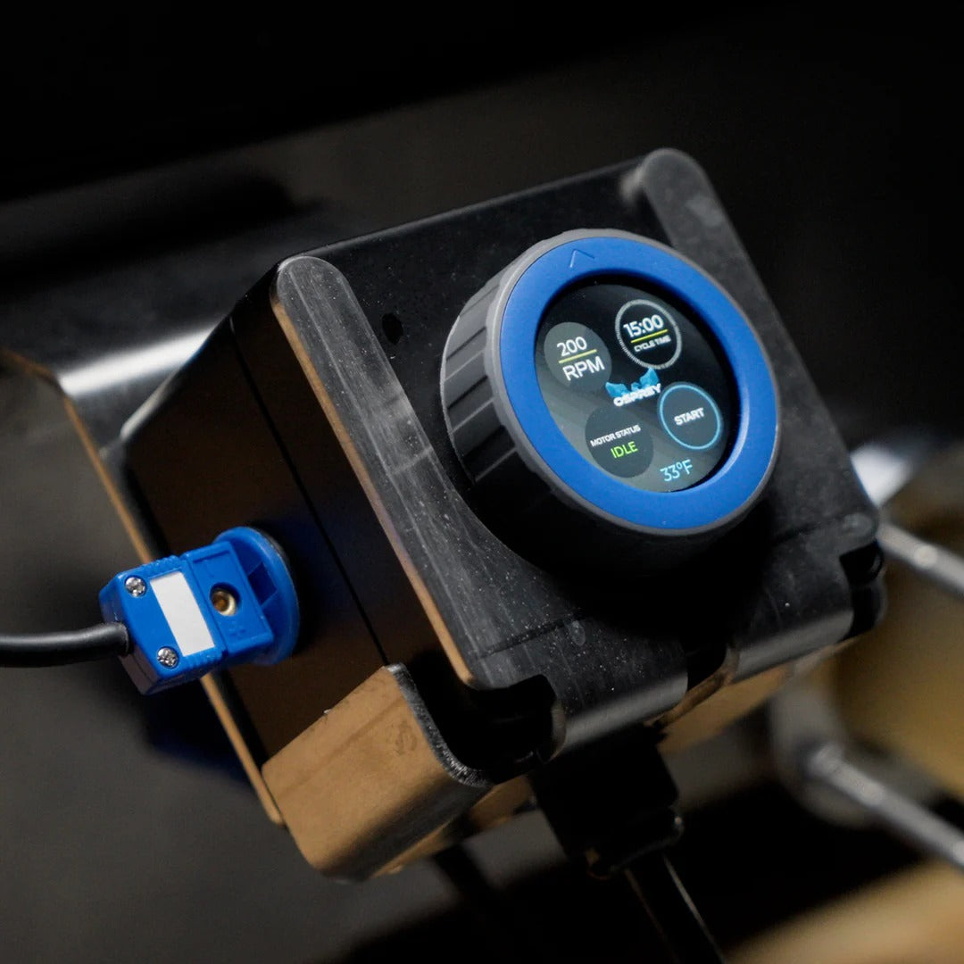 Low Temp Industries Mini Osprey 2.0 with digital display showing RPM, cycle time, status, and temperature.