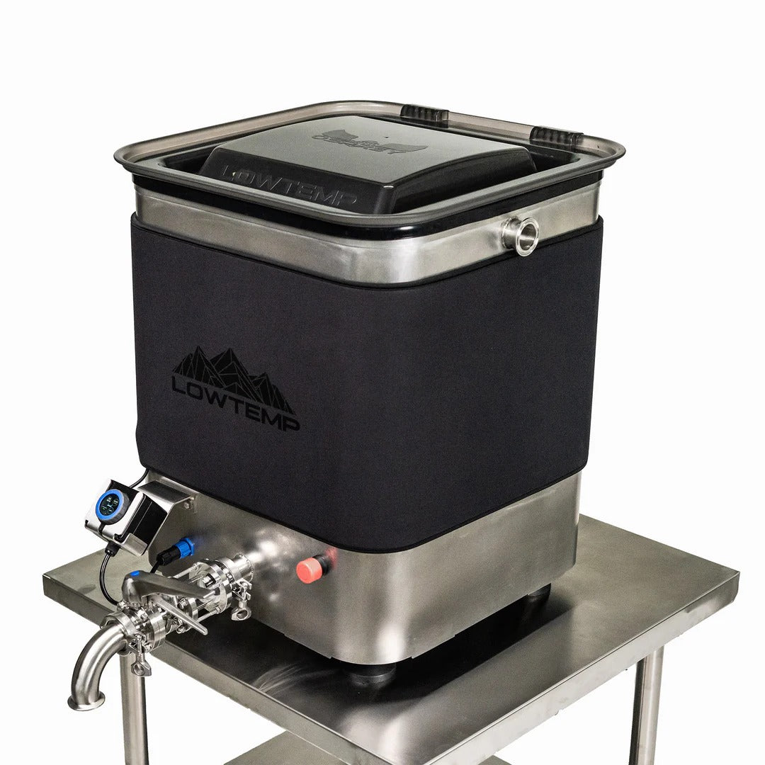 LowTemp Industries Mini Osprey 2.0 sous vide cooker on a stainless steel table.
